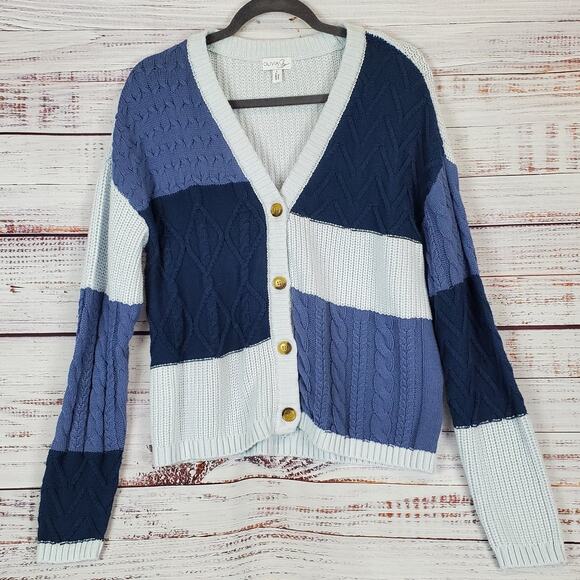 Olivia Sky Retro Grandma Sweater L Blue Chunky Mixed Media Knit Cozy Cardigan - Picture 1 of 11